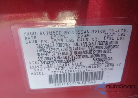 2021 Nissan Kicks Sv Xtronic Cvt z USA, uszkodzony, nr VIN 3N1CP5CV7ML539160